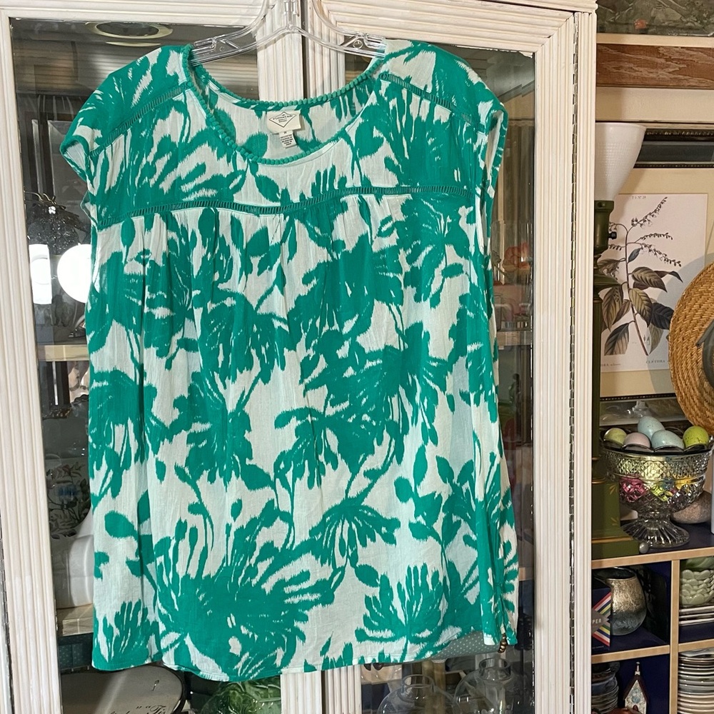 St. John’s Bay green & white botanical print  top Womens 1X
